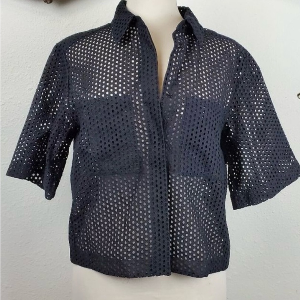 Sandro Cropped Shirt Eyelet Lace  Button Up  Top Black Sz 1 US Small